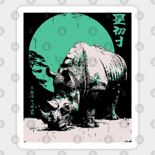 Strong Rhino Japanese Art | Green Moon Safari Ukiyo-e Style Sticker by TuncGK